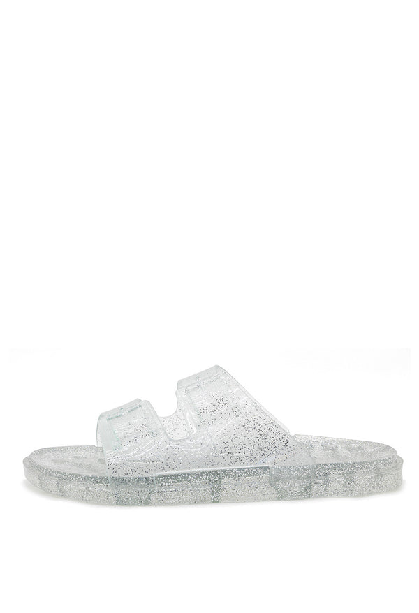 Sandalia Plana Transparente con Hebillas y Efecto Mirella